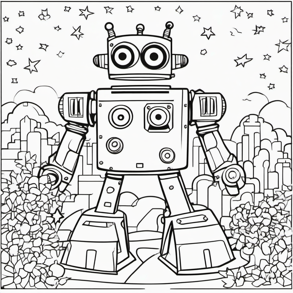 Big Robot And Stars Coloring Page For Kids