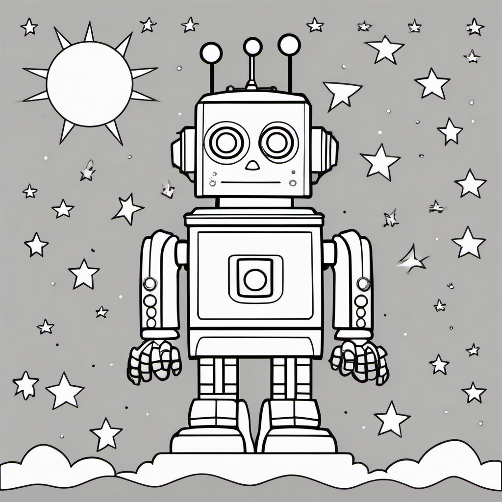 Simple Robot With Stars Coloring Page For Kids